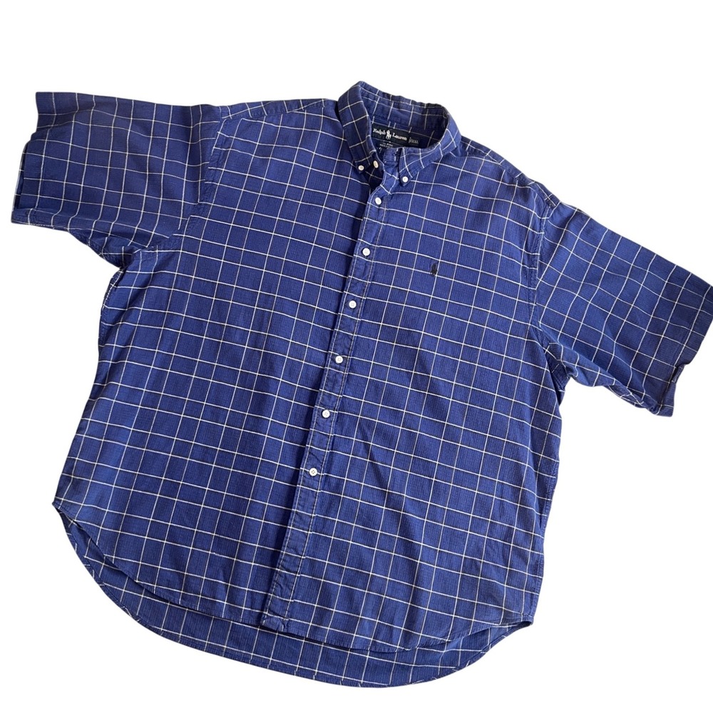 Vintage Ralph Lauren Blaire Windowpane Plaid Short Sleeve Shirt Men XXL Blue